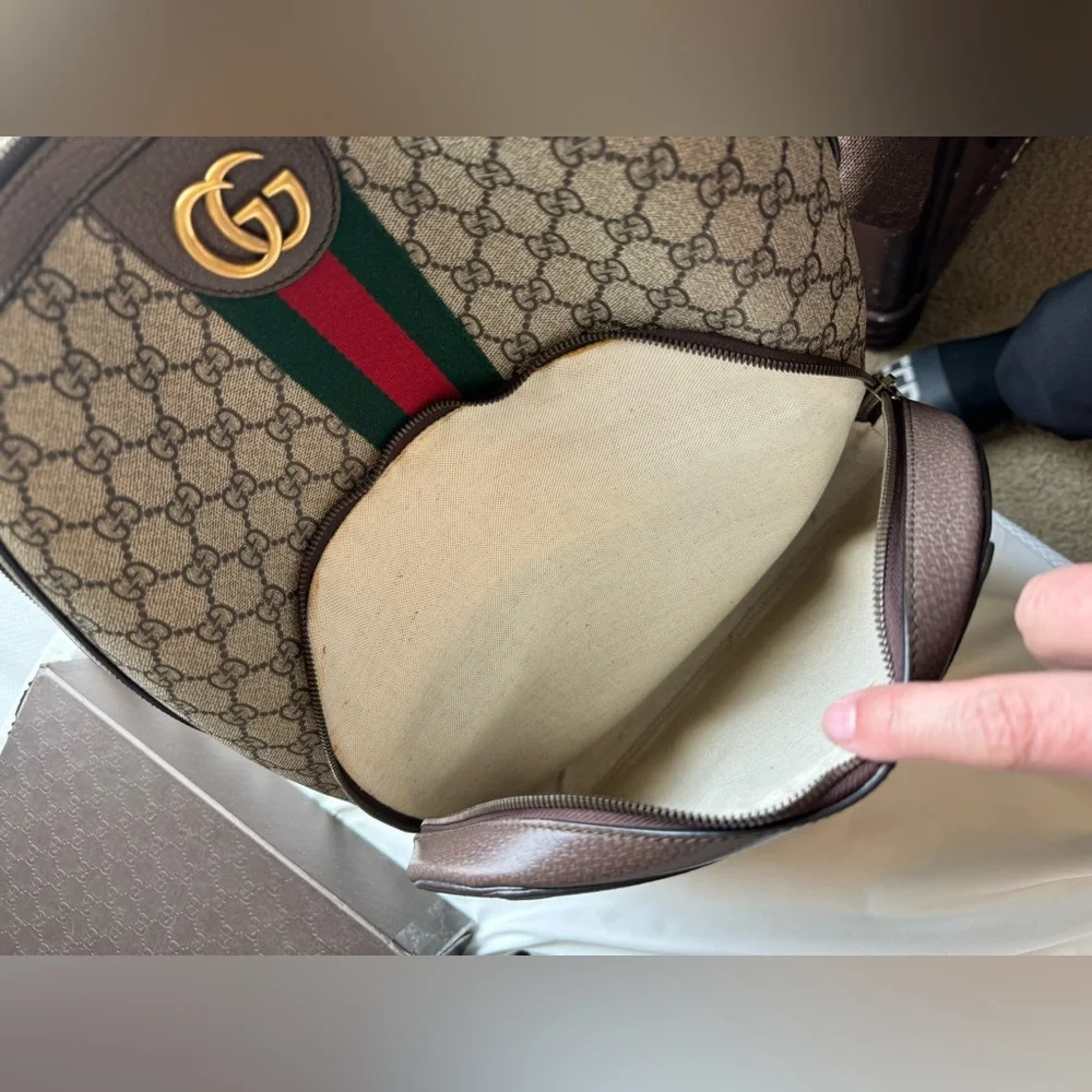 Gucci Beige GG Canvas Backpack with Brown Leather and Red/Green Web